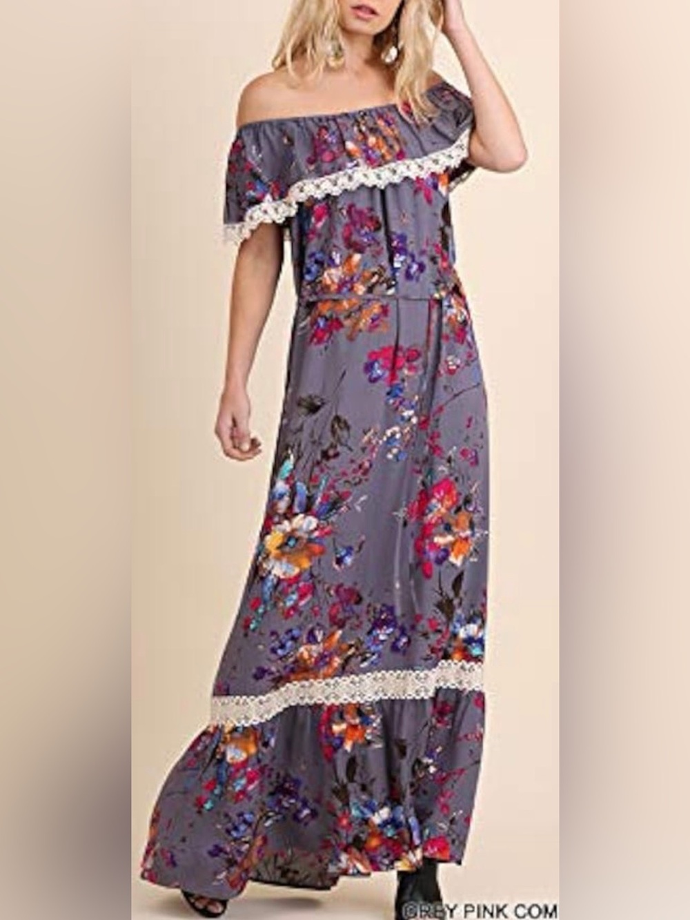 Pinkblush Victorian Lilac Elastic Collar Vibrant Floral Lace-Trim Maxi. Size S